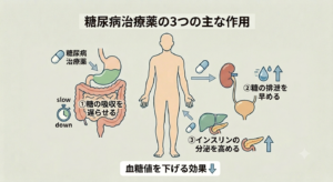 糖尿病値治療薬の主な3つの作用